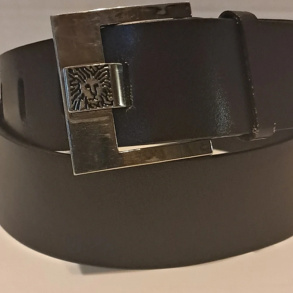 Anne Klein Women Brown Leather Belt Size L  Lion Logo Wide Classic Preowned